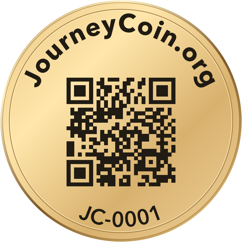 Journey Coin back: JourneyCoin.org, a decorative sample QR, and sample number JC-0001