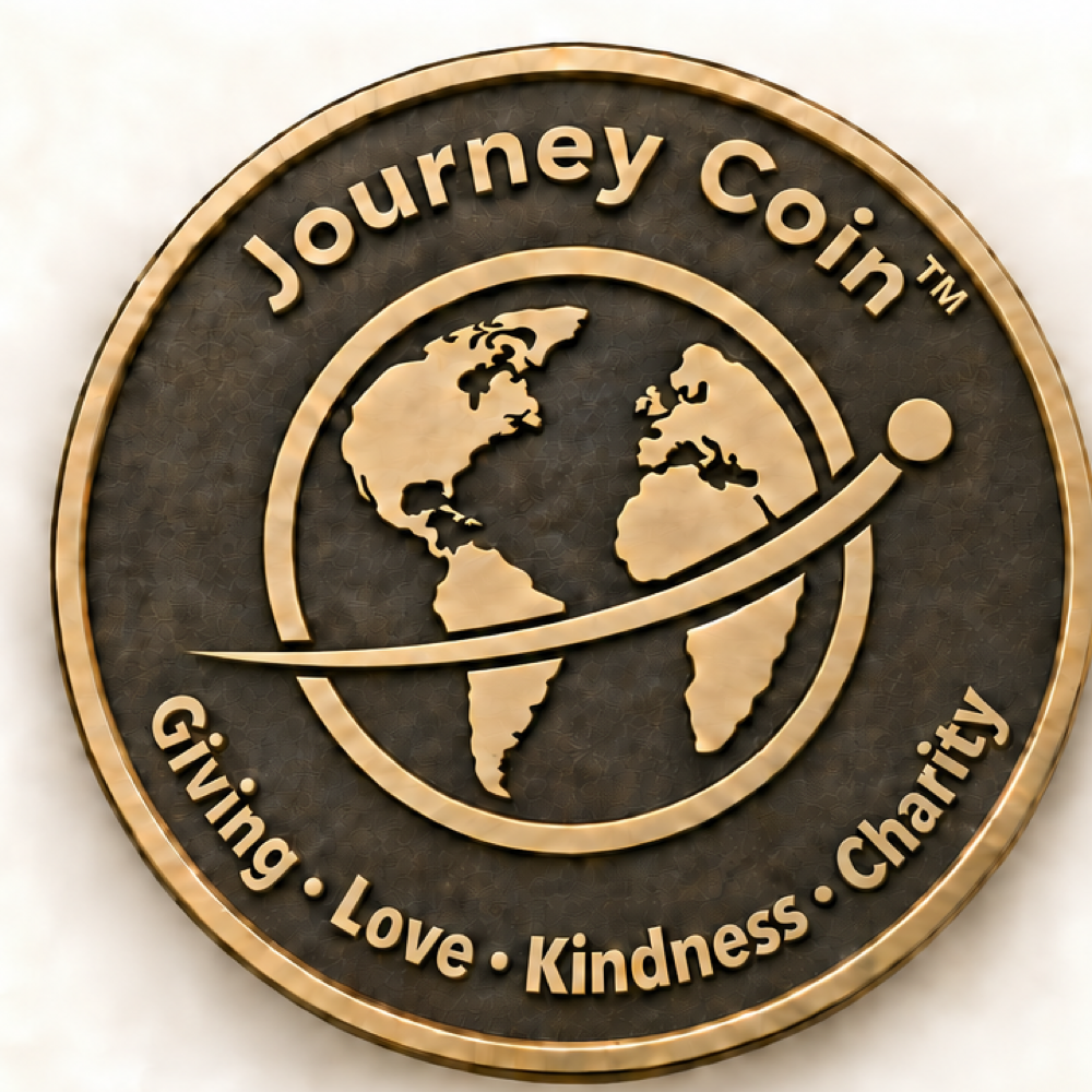 Journey Coin front: globe and traveler orbit above Giving, Love, Kindness, Charity
